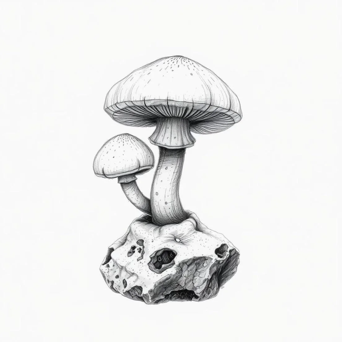 Sketch of mushrooms growing out of a rock picture 1 of 1