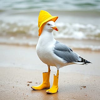 Seagull with rain coat at beach'