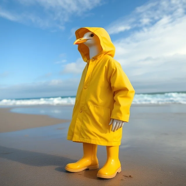 Seagull with rain coat at beach picture 2 of 5