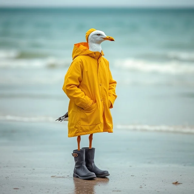 Seagull with rain coat at beach picture 3 of 5