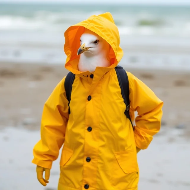 Seagull with rain coat at beach picture 4 of 5