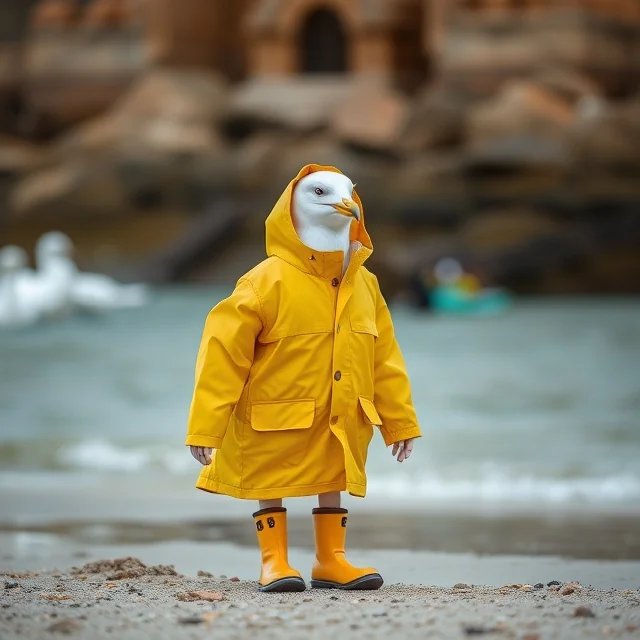 Seagull with rain coat at beach picture 5 of 5