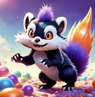 Cartoon skunk with colorful tail'