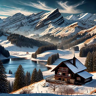 AI-generated picture of a Swiss mountain landscape.'