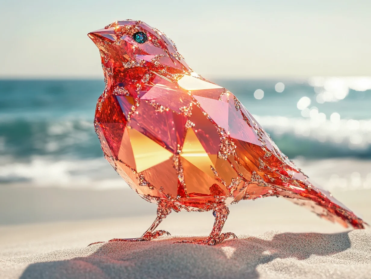 A radiant red diamond bird graces the beach, blending nature with luxury picture 1 of 1