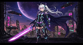 A highly detailed anime-style artwork featuring a young female protagonist with long, flowing silver hair and glowing purple eyes. She is wearing a futuristic, intricate battle armor with neon accents, combining elements of cyberpunk and fantasy. The setting is a sprawling, dystopian city illuminate'