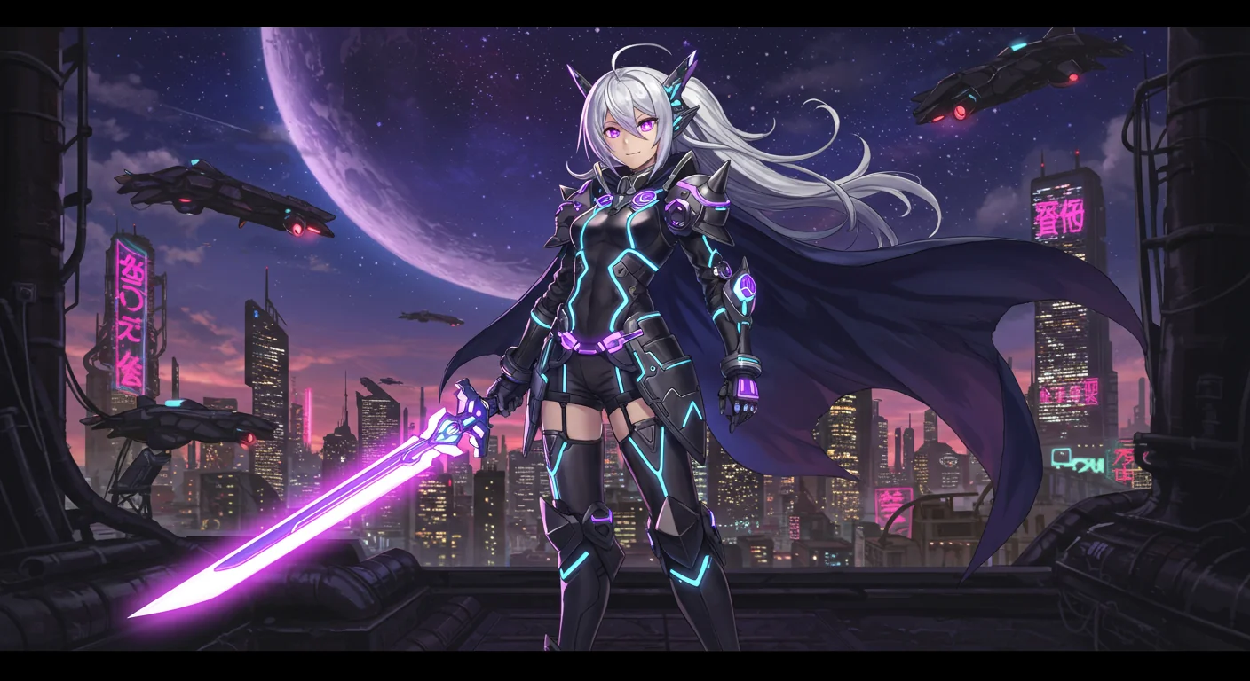 A highly detailed anime-style artwork featuring a young female protagonist with long, flowing silver hair and glowing purple eyes. She is wearing a futuristic, intricate battle armor with neon accents, combining elements of cyberpunk and fantasy. The setting is a sprawling, dystopian city illuminate picture 1 of 1