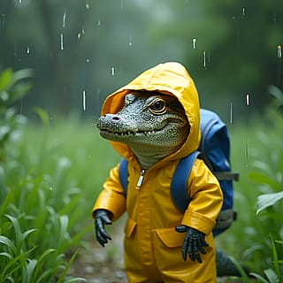 Anthropomorphic baby crocodile wearing rain coat and backpack walking in the rainy forest That's how simple it is to generate your desired images with Aux Machina'