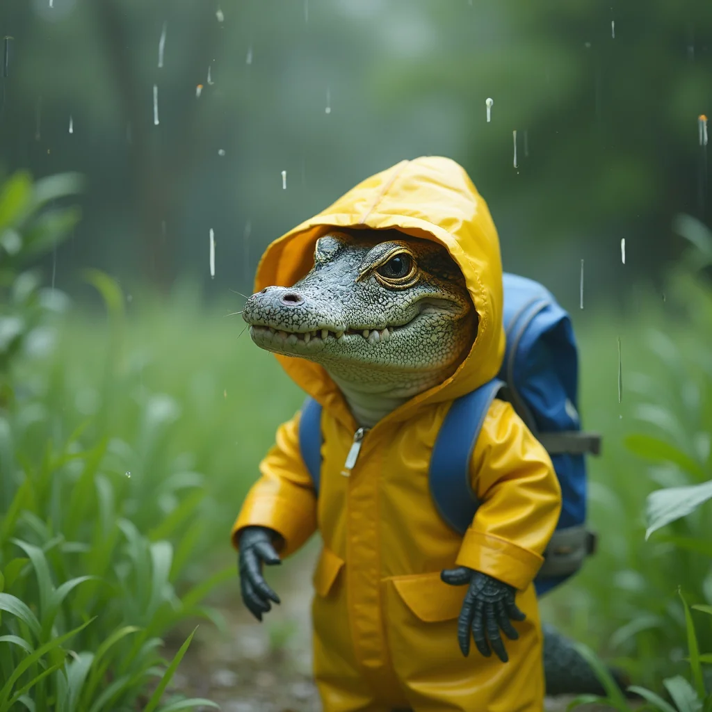 Anthropomorphic baby crocodile wearing rain coat and backpack walking in the rainy forest That's how simple it is to generate your desired images with Aux Machina picture 1 of 4