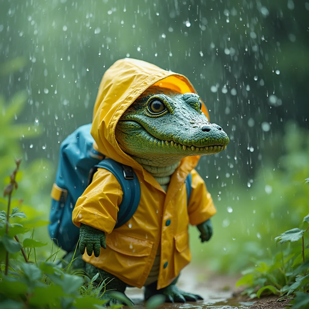 Anthropomorphic baby crocodile wearing rain coat and backpack walking in the rainy forest That's how simple it is to generate your desired images with Aux Machina picture 2 of 4