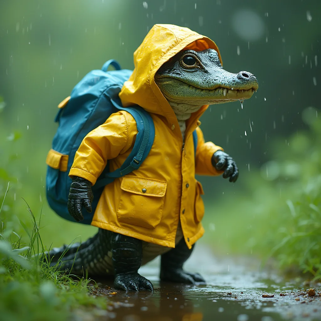 Anthropomorphic baby crocodile wearing rain coat and backpack walking in the rainy forest That's how simple it is to generate your desired images with Aux Machina picture 3 of 4