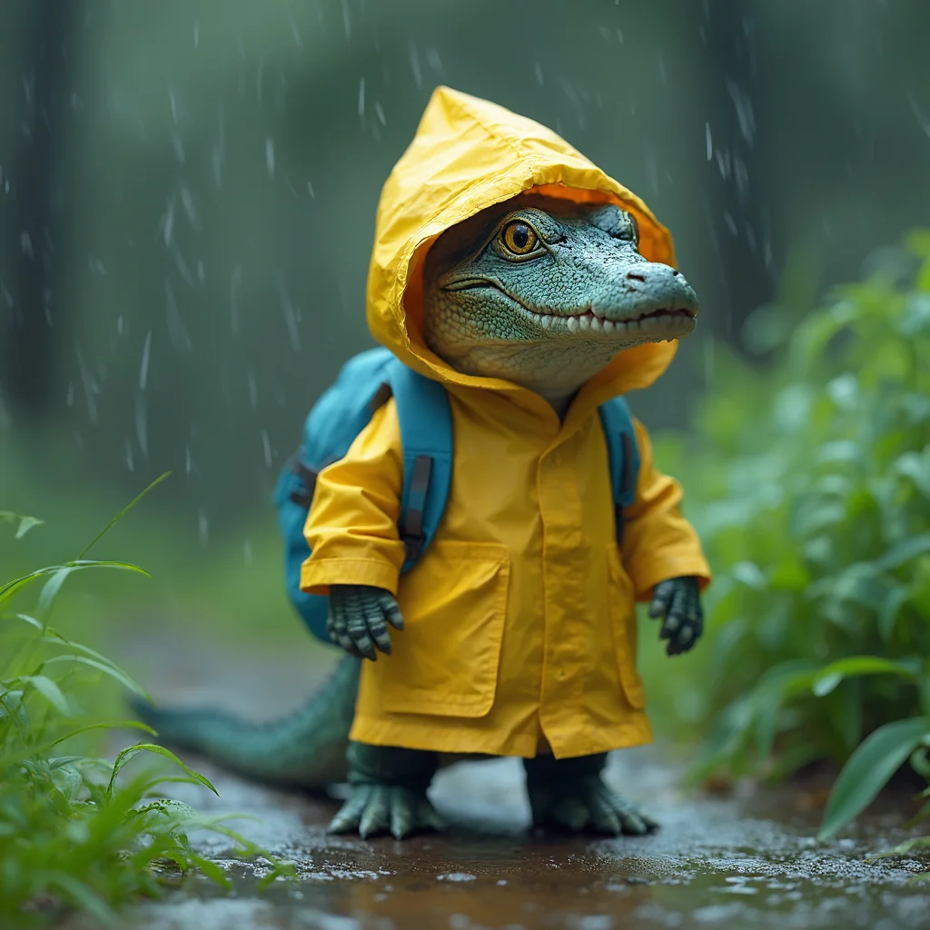 Anthropomorphic baby crocodile wearing rain coat and backpack walking in the rainy forest That's how simple it is to generate your desired images with Aux Machina picture 4 of 4