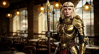 surreal photo of a beautiful blonde warhammer 40k inquisitor, she is standing in a cafe . She is wearing full armor and headband . Her armor has fully intricate designs and gilding. charming .'