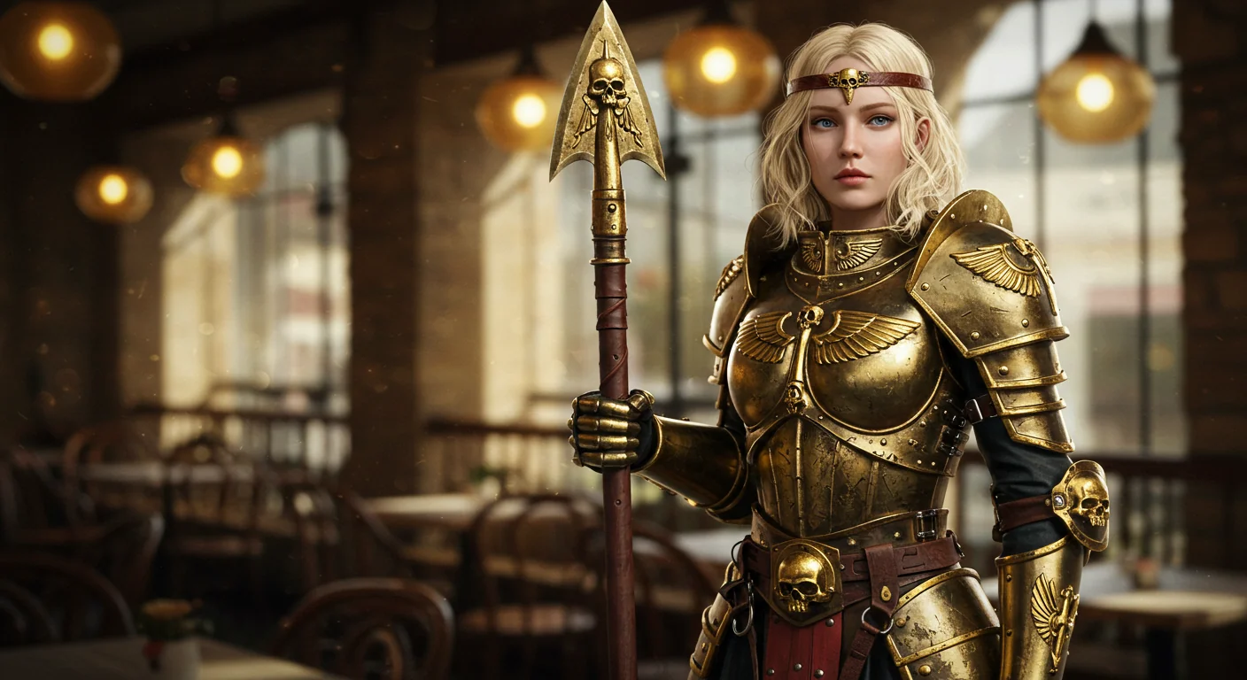 surreal photo of a beautiful blonde warhammer 40k inquisitor, she is standing in a cafe . She is wearing full armor and headband . Her armor has fully intricate designs and gilding. charming . picture 1 of 1