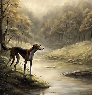 Hound dog (with five legs) standing near a river'