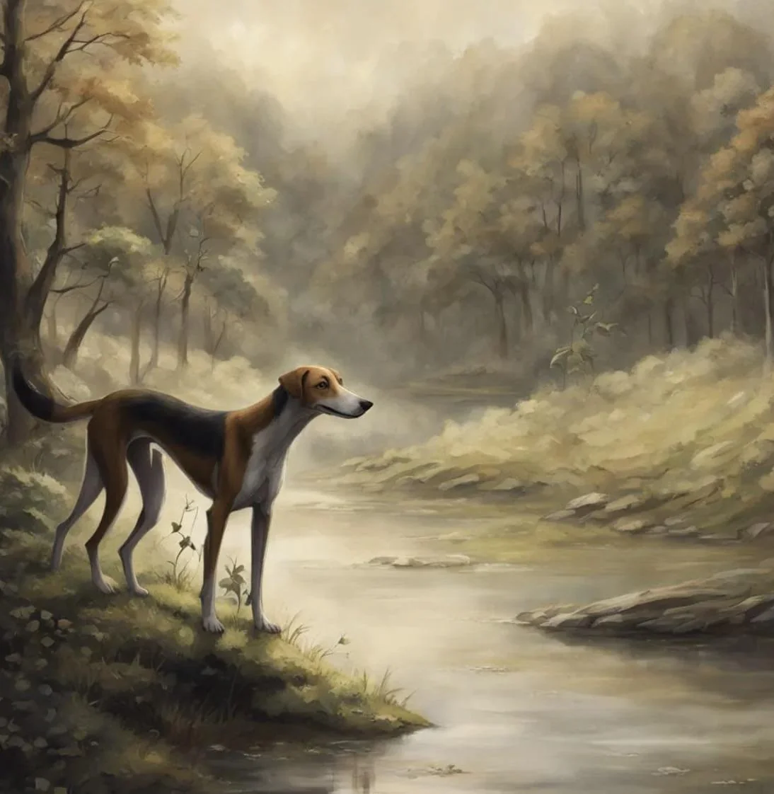 Hound dog (with five legs) standing near a river picture 1 of 1