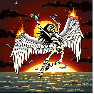 Need help creating this idea: Icarus posed like the Led Zeppelin album cover but as a skeleton, the skeleton in detailed pencil sketch with realistic shading, his wings on fire and falling apart, in front of a red orange sun, falling towards the ocean'