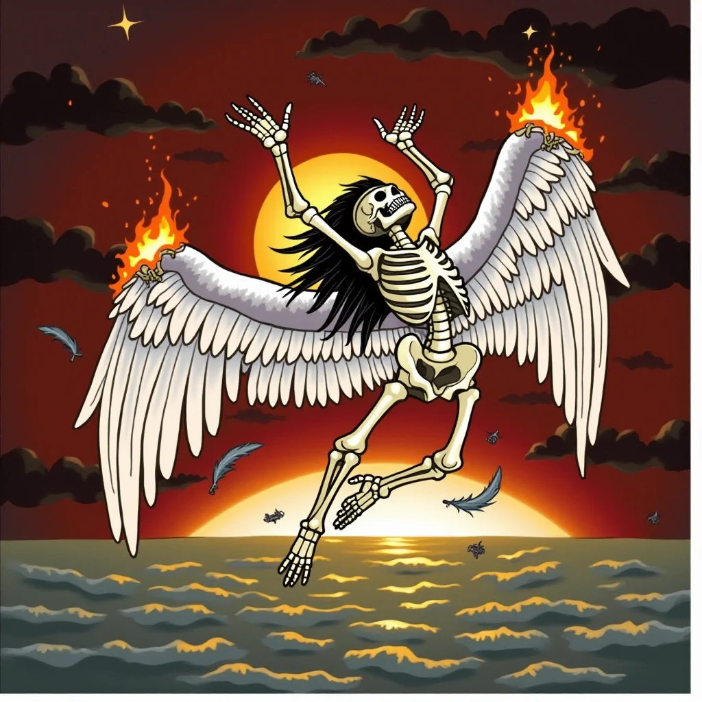 Need help creating this idea: Icarus posed like the Led Zeppelin album cover but as a skeleton, the skeleton in detailed pencil sketch with realistic shading, his wings on fire and falling apart, in front of a red orange sun, falling towards the ocean picture 1 of 3