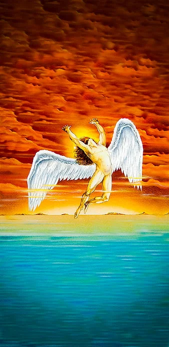 Need help creating this idea: Icarus posed like the Led Zeppelin album cover but as a skeleton, the skeleton in detailed pencil sketch with realistic shading, his wings on fire and falling apart, in front of a red orange sun, falling towards the ocean picture 2 of 3