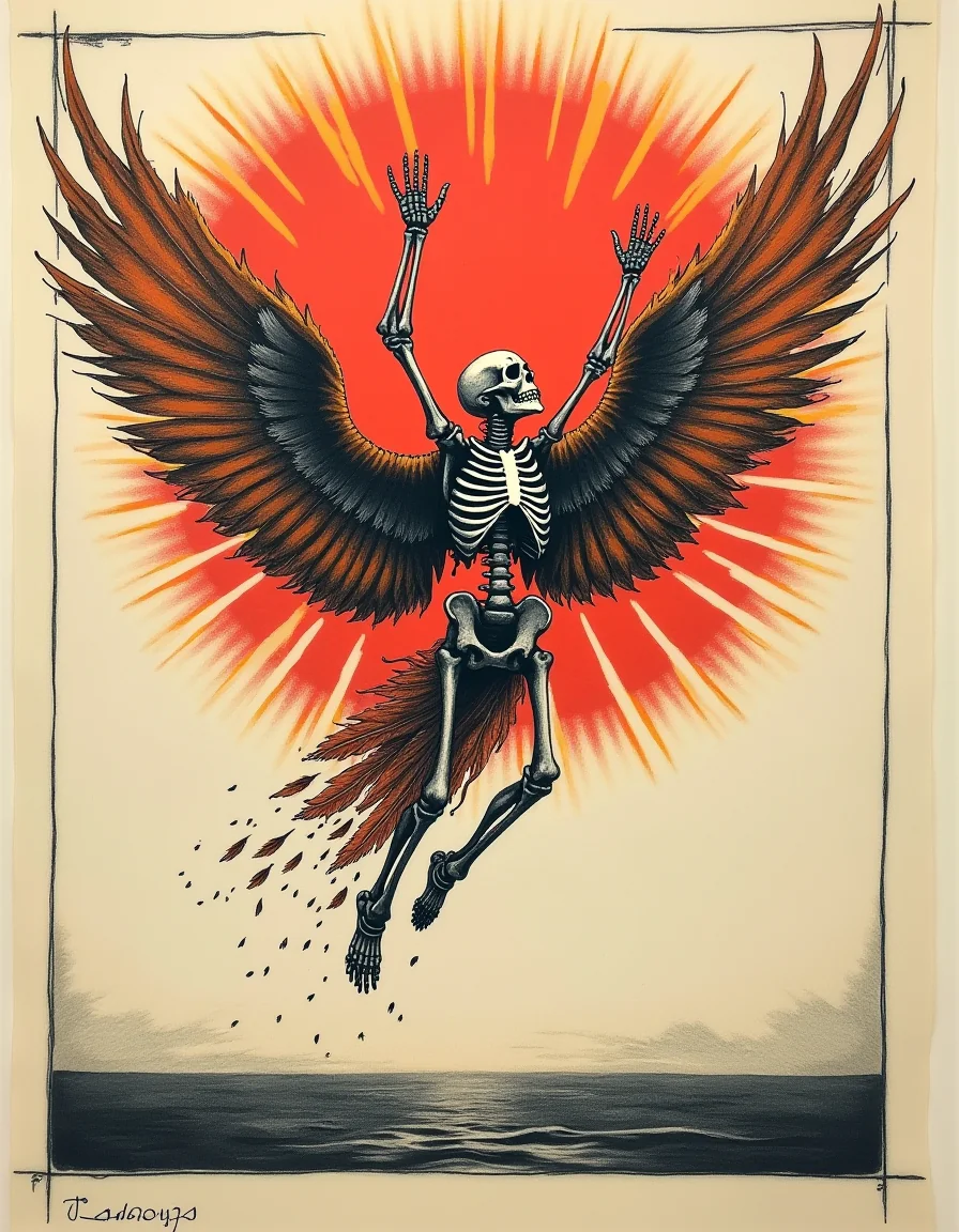 Need help creating this idea: Icarus posed like the Led Zeppelin album cover but as a skeleton, the skeleton in detailed pencil sketch with realistic shading, his wings on fire and falling apart, in front of a red orange sun, falling towards the ocean picture 3 of 3