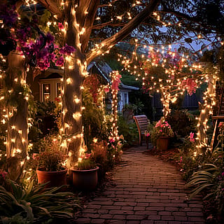 A vibrant garden decked up with beautiful string lights!'