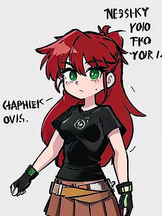 11 attempts to replicate my manga character serenity through an image to image generator, some come closest, she is a redhead with messy hair and green eyes and wears a black t shirt and brown pleated skirt'