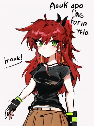 11 attempts to replicate my manga character serenity through an image to image generator, some come closest, she is a redhead with messy hair and green eyes and wears a black t shirt and brown pleated skirt picture 2 of 11