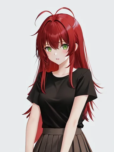 11 attempts to replicate my manga character serenity through an image to image generator, some come closest, she is a redhead with messy hair and green eyes and wears a black t shirt and brown pleated skirt picture 4 of 11