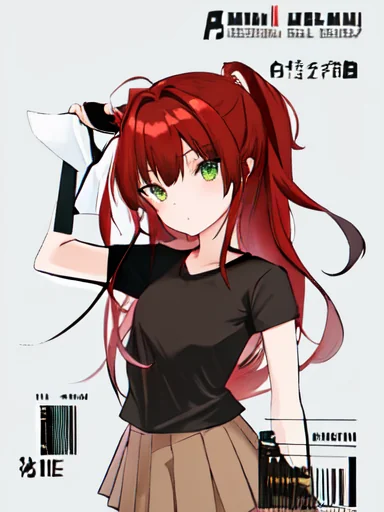 11 attempts to replicate my manga character serenity through an image to image generator, some come closest, she is a redhead with messy hair and green eyes and wears a black t shirt and brown pleated skirt picture 6 of 11