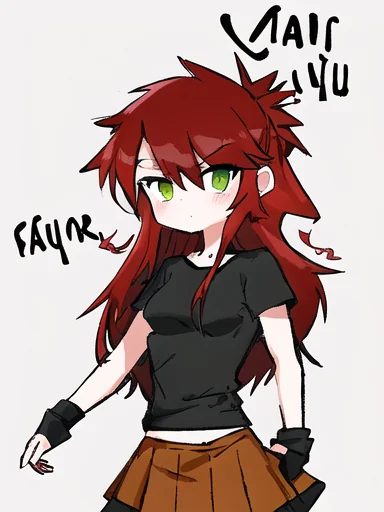 11 attempts to replicate my manga character serenity through an image to image generator, some come closest, she is a redhead with messy hair and green eyes and wears a black t shirt and brown pleated skirt picture 7 of 11