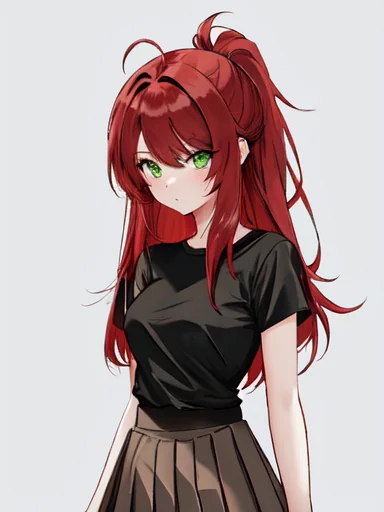 11 attempts to replicate my manga character serenity through an image to image generator, some come closest, she is a redhead with messy hair and green eyes and wears a black t shirt and brown pleated skirt picture 8 of 11