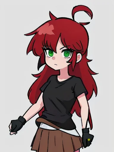 11 attempts to replicate my manga character serenity through an image to image generator, some come closest, she is a redhead with messy hair and green eyes and wears a black t shirt and brown pleated skirt picture 9 of 11