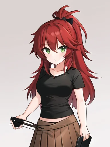 11 attempts to replicate my manga character serenity through an image to image generator, some come closest, she is a redhead with messy hair and green eyes and wears a black t shirt and brown pleated skirt picture 10 of 11