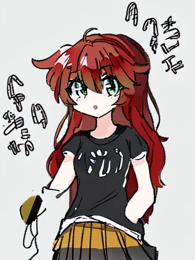 11 attempts to replicate my manga character serenity through an image to image generator, some come closest, she is a redhead with messy hair and green eyes and wears a black t shirt and brown pleated skirt picture 11 of 11