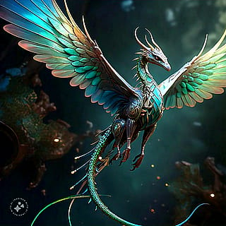 a mythical bird with vibrant, iridescent feathers'