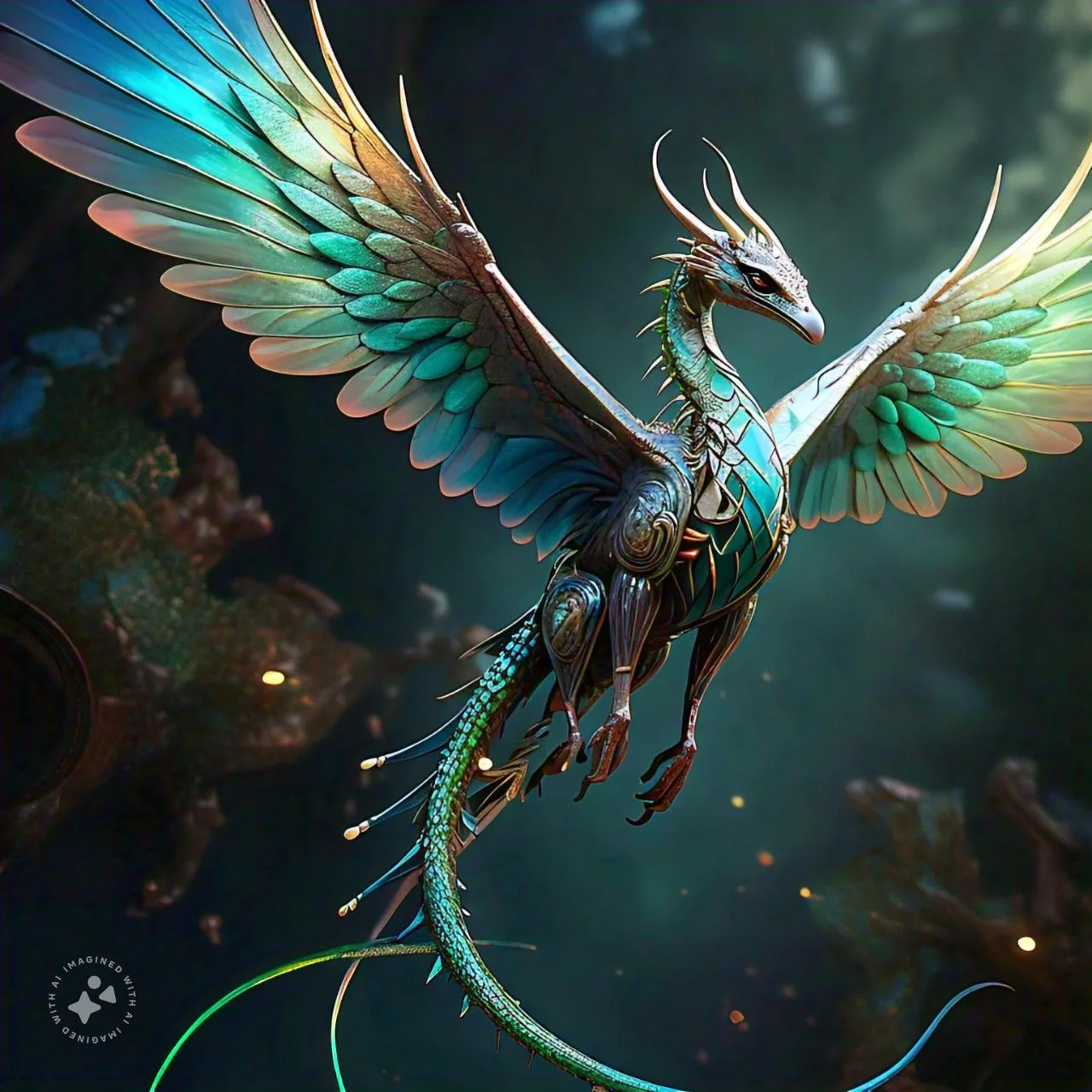 a mythical bird with vibrant, iridescent feathers picture 1 of 1