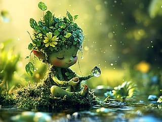 A tiny moss elf, holding a dewdrop in her hand'