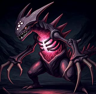 Skeletal dragon with an energy core showing'