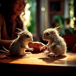 Tiny, cute alien creatures playing on a human kitchen table'