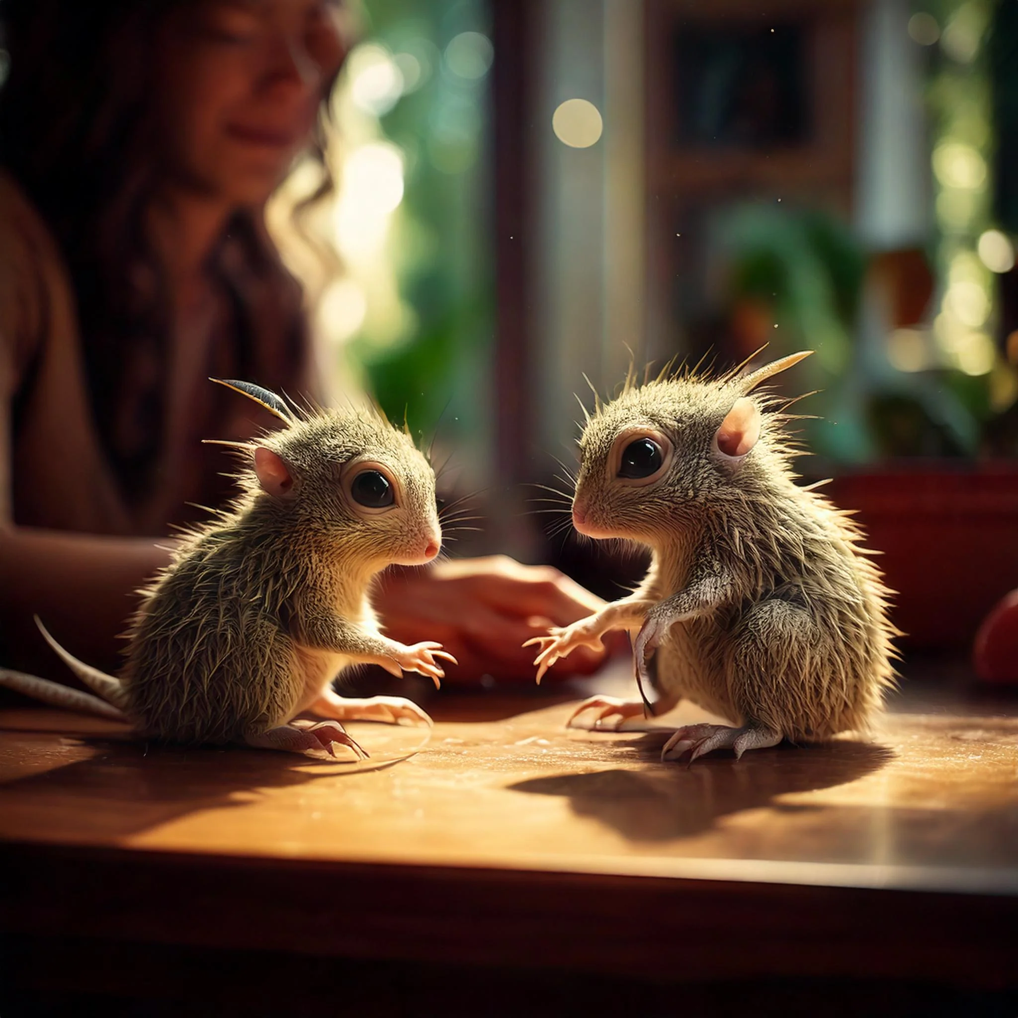 Tiny, cute alien creatures playing on a human kitchen table picture 1 of 4