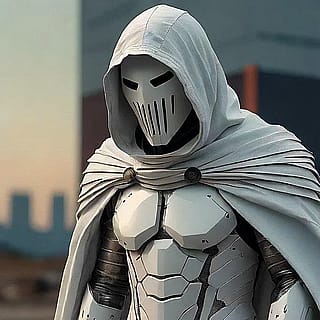 a white masked ghost wears a cyberfuturistic armor with hood with post-apocalyptic aesthetic'