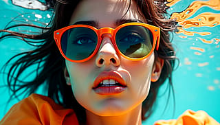 Close-up of a girl with mirrored glasses + gloss + bright colors'