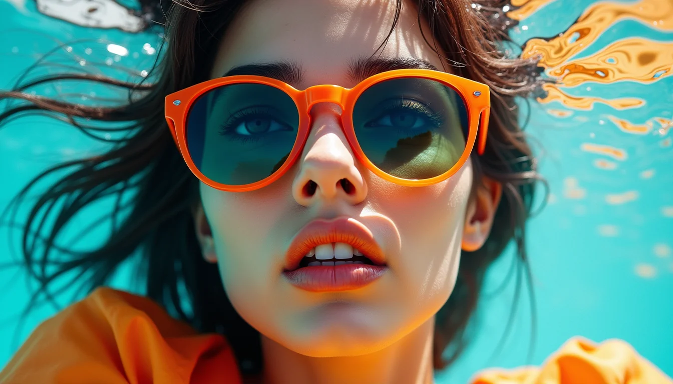 Close-up of a girl with mirrored glasses + gloss + bright colors picture 1 of 1