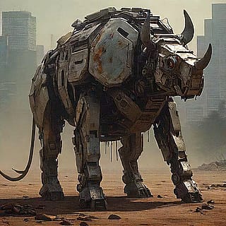 a mechanic rhino with post-apocalyptic aesthetic'