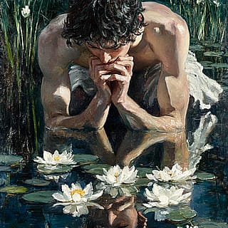 Narcissus falling in love with his own reflection'