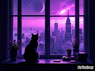 Cat and The Purple Cityscape'