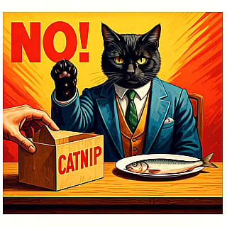 Re-imagined Soviet anti-alcohol Nyet poster but with cat and catnip'