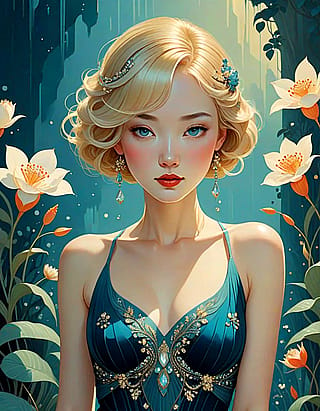 Elegant Blonde Woman in Blue Evening Gown Surrounded by Floral Beauty'