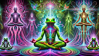 A frog exploring the the dimensional shift of DMT. Generated with ChatGPT.'