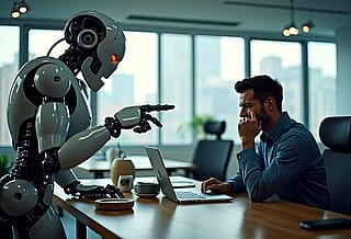 A robot manager telling the man to stop browsing Reddit'